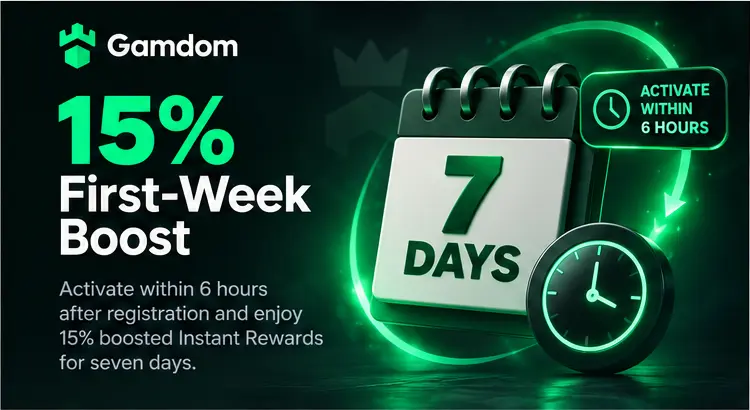 Gamdom 15% first-week boost with six-hour activation window