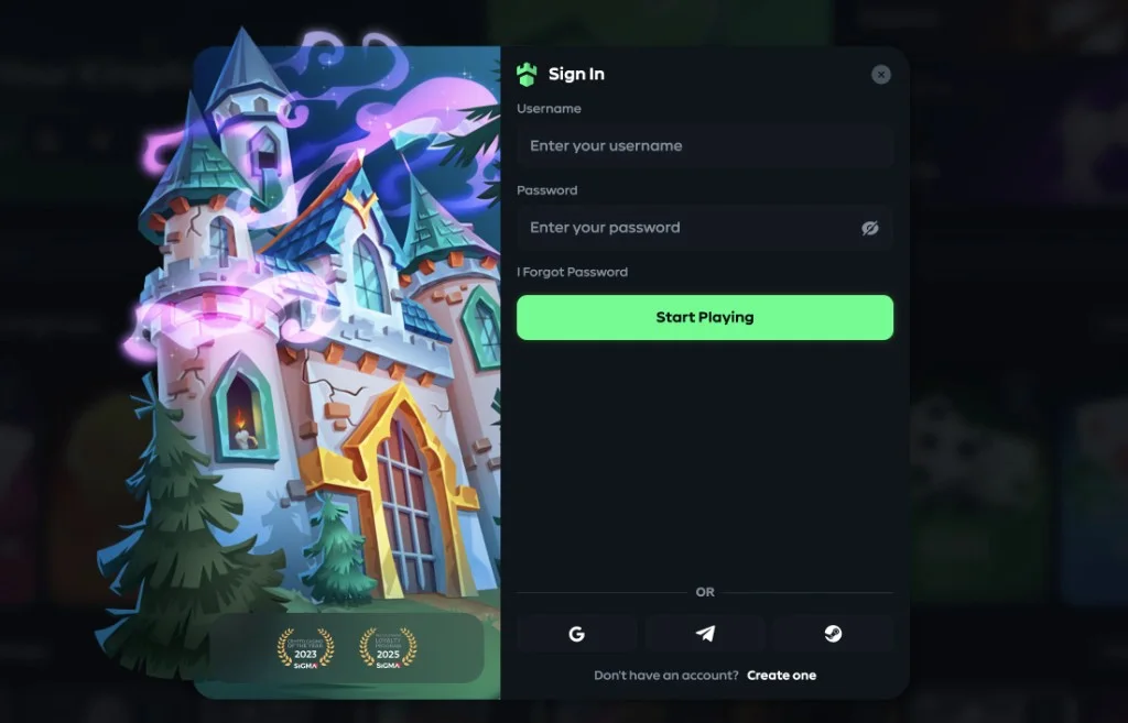 Gamdom sign-in options including password, Google, Telegram and Steam