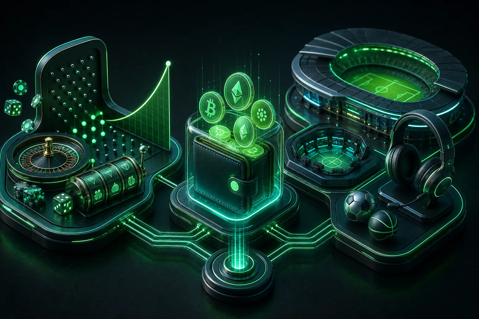 Connected casino, crypto wallet, sports and esports platform illustration
