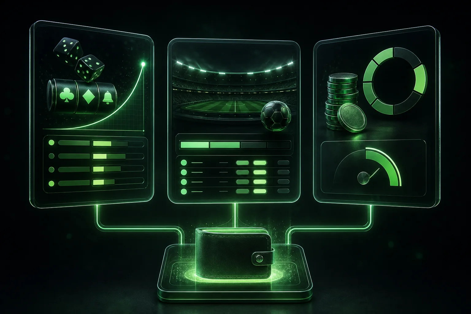 Separate casino, sportsbook and rewards rule panels connected to one wallet